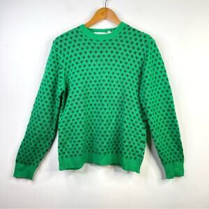 Vintage 80s Donkenny Acrylic Preppy Green Navy Blue button shoulder sweater M L